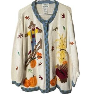 Quacker Factory Fall Cardigan Sweater Embroidered  Scarecrow Pumpkins Size 1X